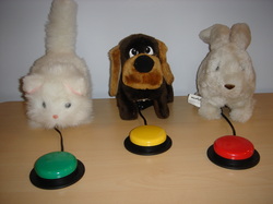 a photograph of three switch-activated soft toys - a cat, a dog and a rabbit.